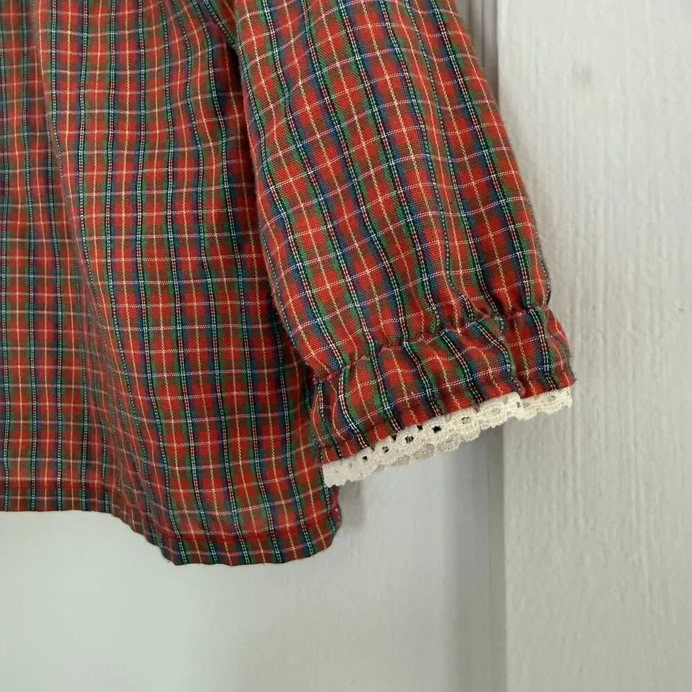 Carter's Vintage Blouse Festive Christmas Red Plaid Lace Peter Pan Collar Sz 18m